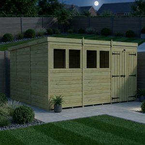12 x 10 Pent Shed (Double Door, With Windows)