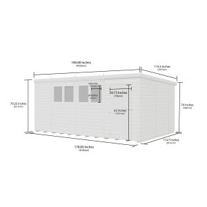 15 x 10 Pent Shed (Double Door, With Windows)