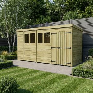 15 x 4 Pent Shed (Double Door, With Windows)