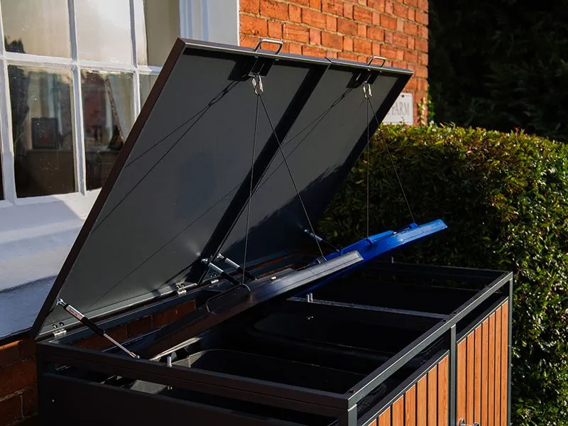 Wood Effect Double Wheelie Bin Cover – Galvanised Steel - Image 4