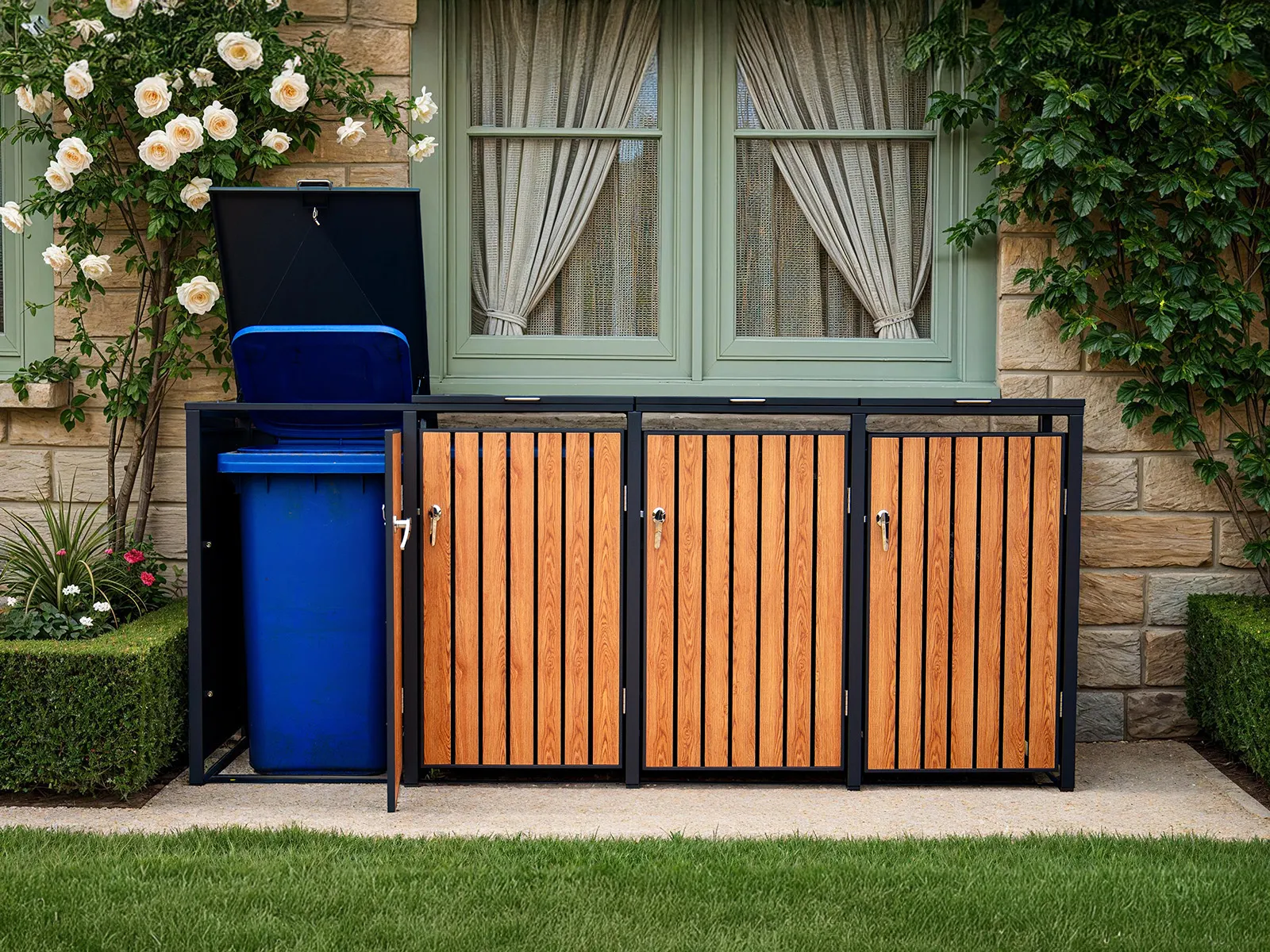 Wood Effect Quad Wheelie Bin Cover – Galvanised Steel - Image 5